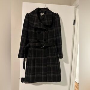 Women’s Sz Large Worthington Black Plaid Double-Breasted Wool Blend Coat